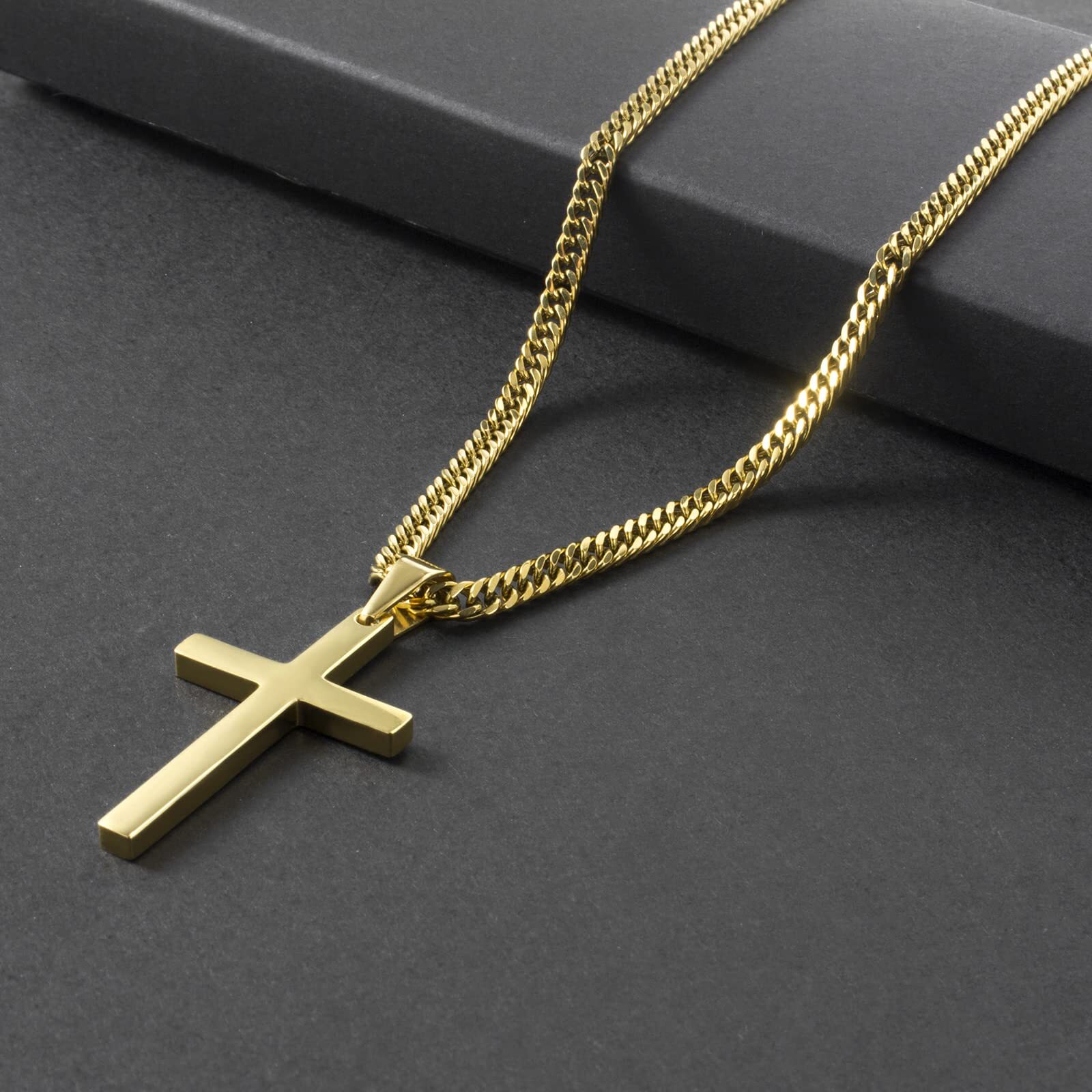 Men Cross Necklace Silver Gold Stainless Steel Boy Plain Pendant Cuban Chain