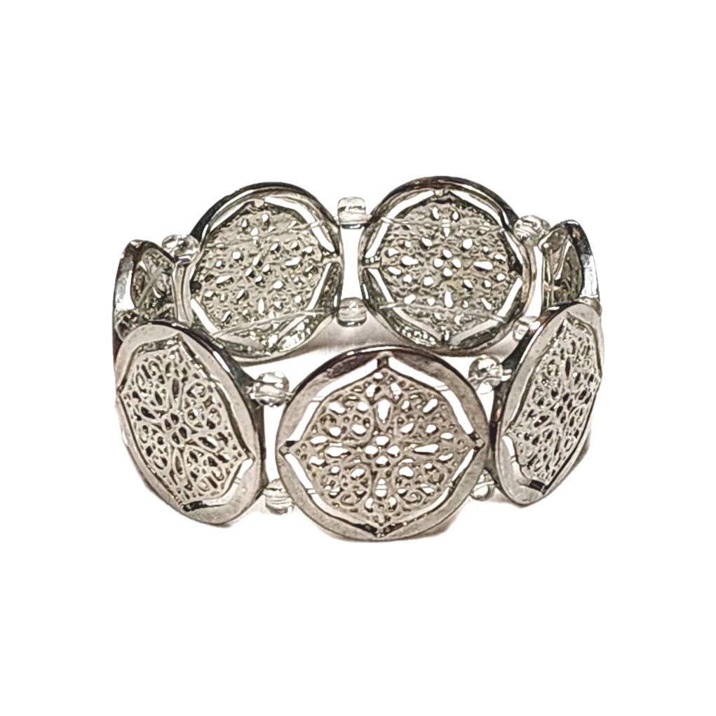 Silver Tone Filigree Round Coin Medallion Stretch Cuff Bangle Bracelet 7″ Boho