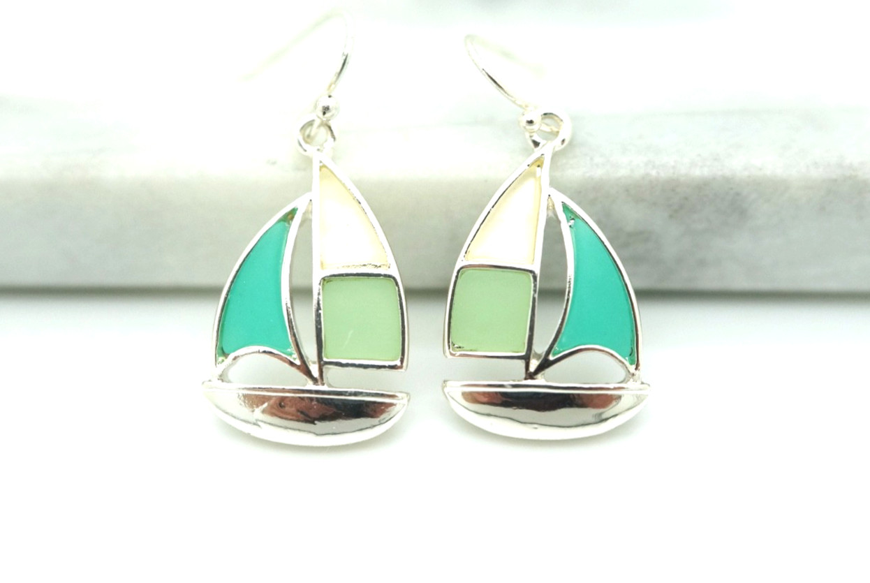 Sailboat Quality Dangle Sea Glass And Resin Earrings Women’s Bright Beautiful