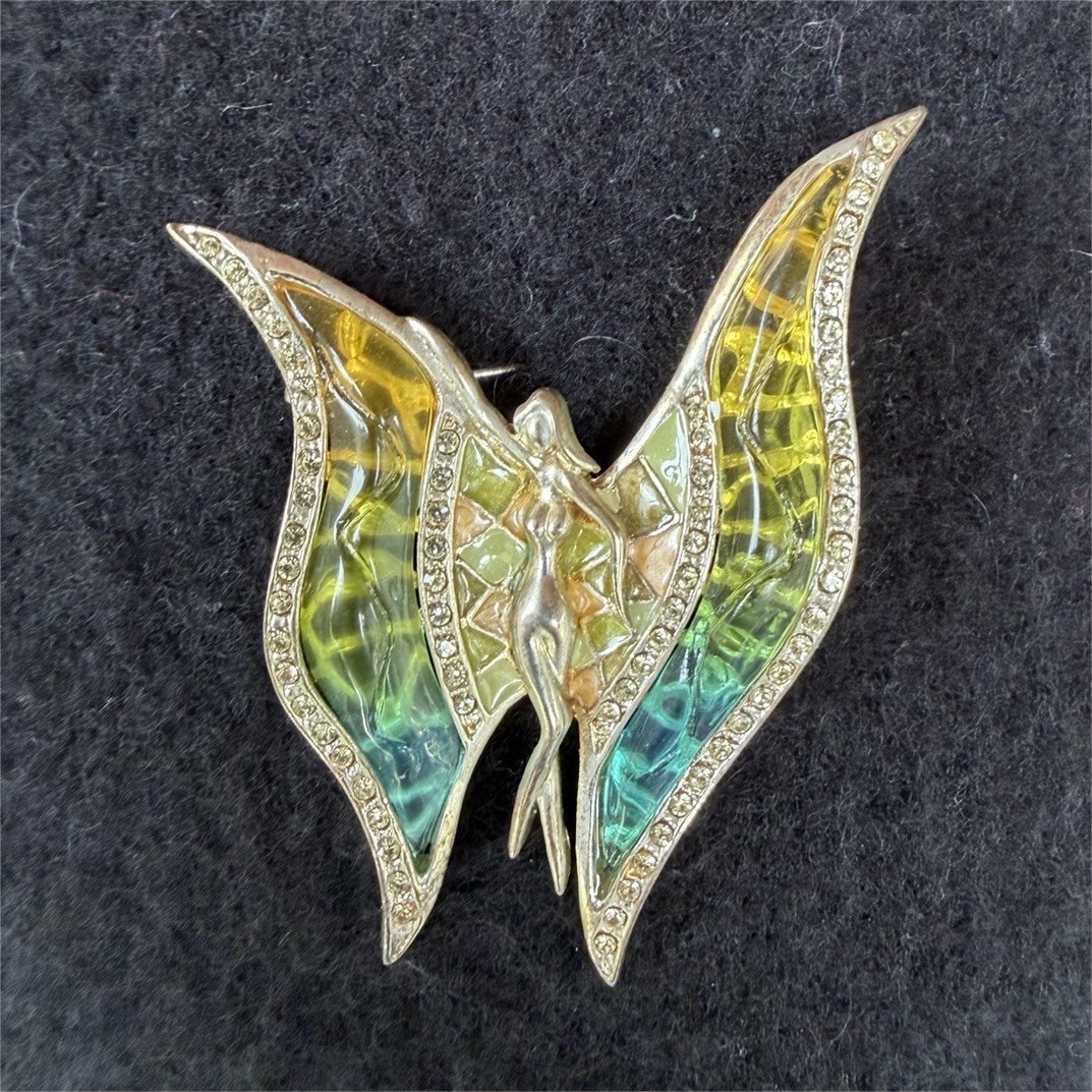 Art Nouveau Style Fairy Butterfly Brooch Rhinestone Enamel Wings Silver Tone Pin