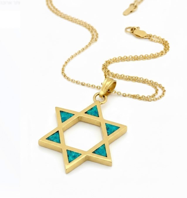 14k Gold Eilat Stone Star of David Pendant Jewelry Unisex 0.8 inch Wide