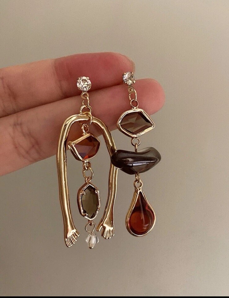 Long Gold Earrings Irregular Dangle Bold Statement Vintage Style Bold Mismatched