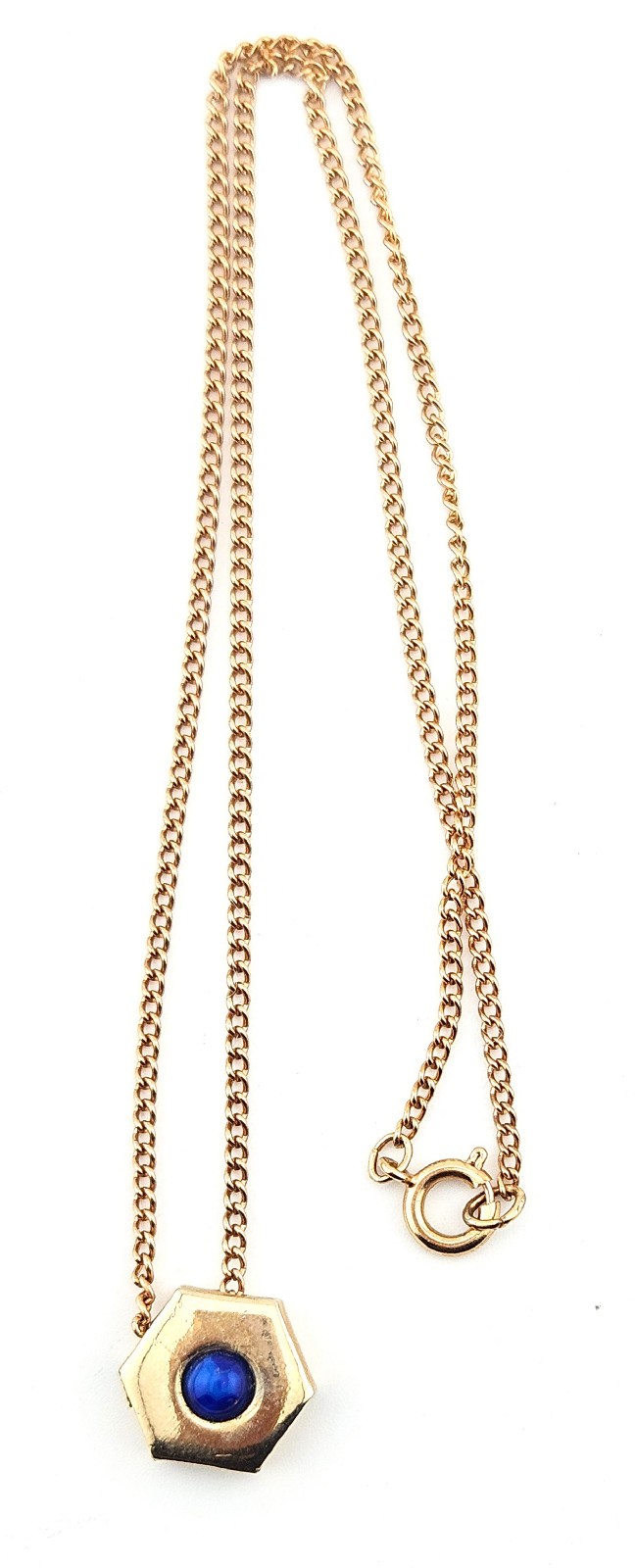 Gold Tone Hexagon Pendant Necklace With A Blue Cabochon Stone J17-4003