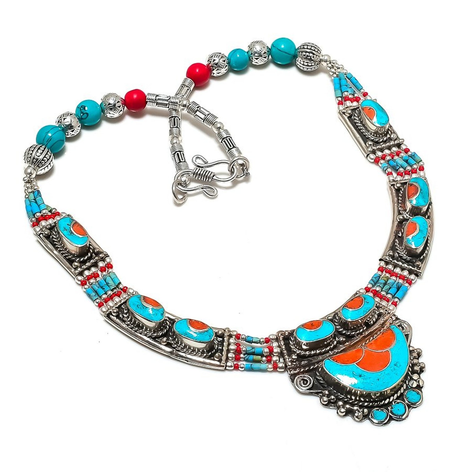 Red Coral Turquoise Necklace Handmade Tibetan Bohemian Nepali Jewelry 18″ N74
