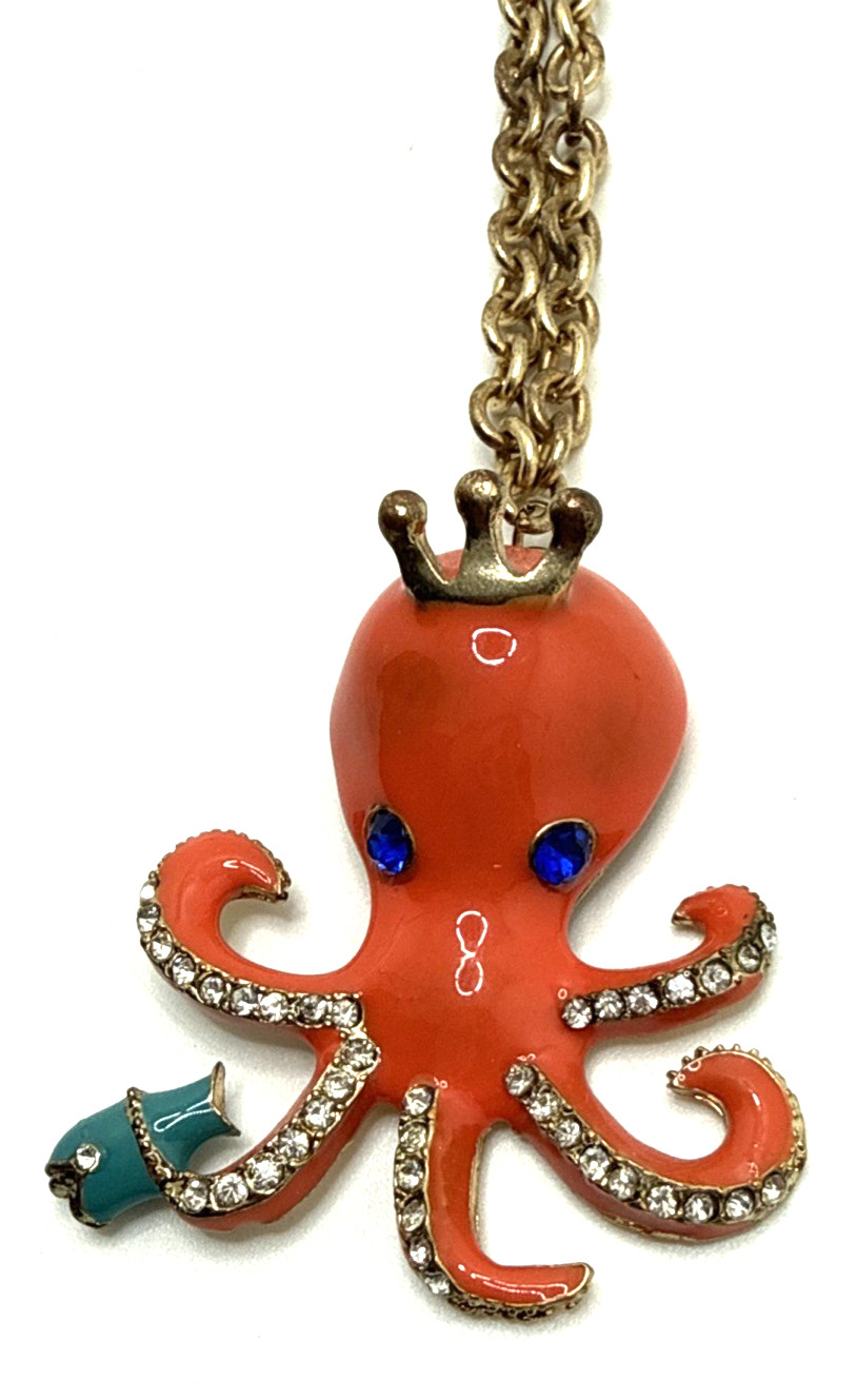 BETSEY JOHNSON Orange Enamel Octopus Pendant Necklace Blue Fish Clear Crystals