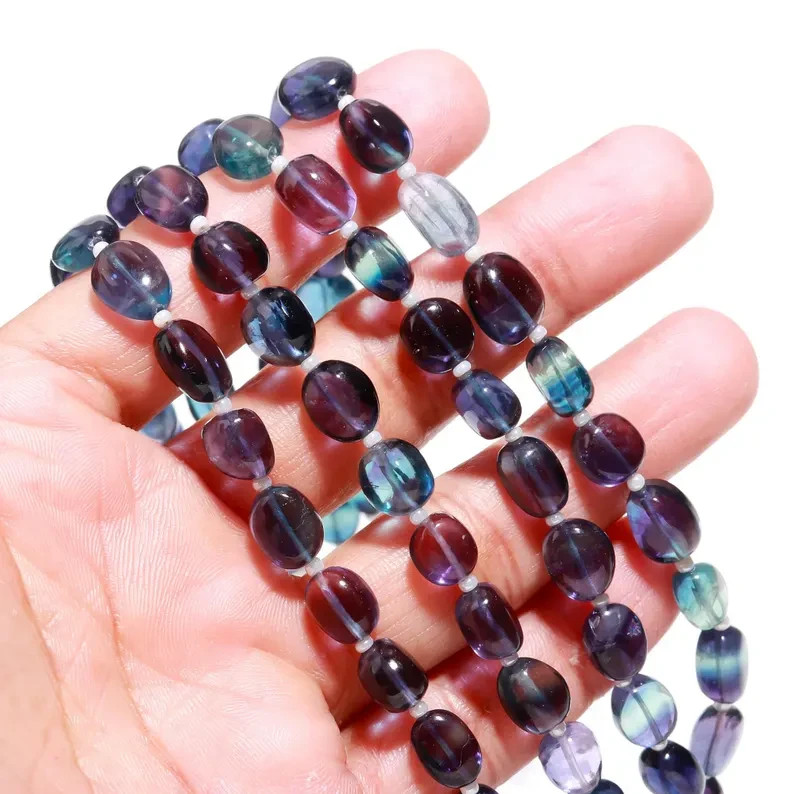 Multi Fluorite Tumble Gemstone Beads: 8″ Strand, 6-8mm