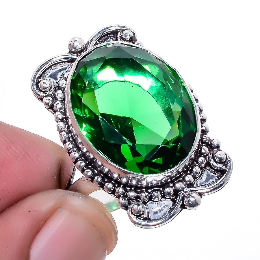 Tsavorite Quartz Gemstone 925 Silver Plated Jewelry Ring s.7.5 T298