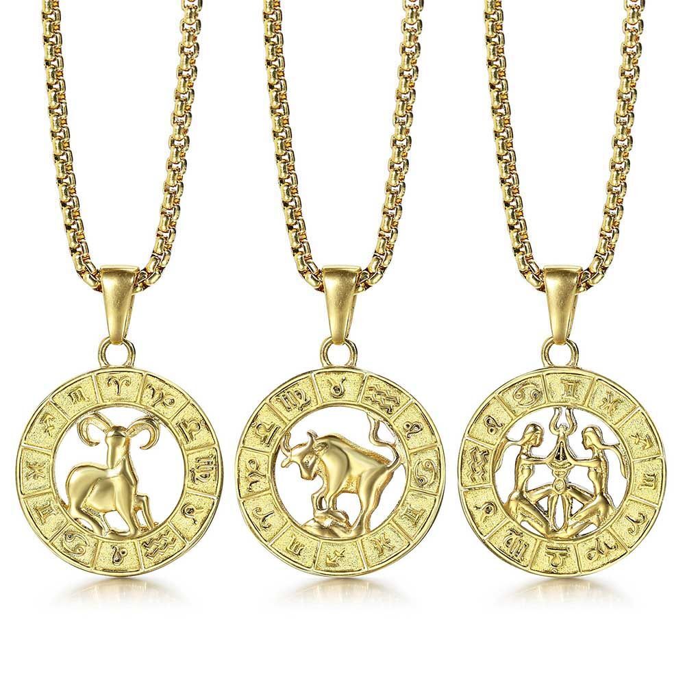 Yellow Gold Plated Stainless Steel 12 Zodiac Sign Pendant Necklace 18-22″ Chain