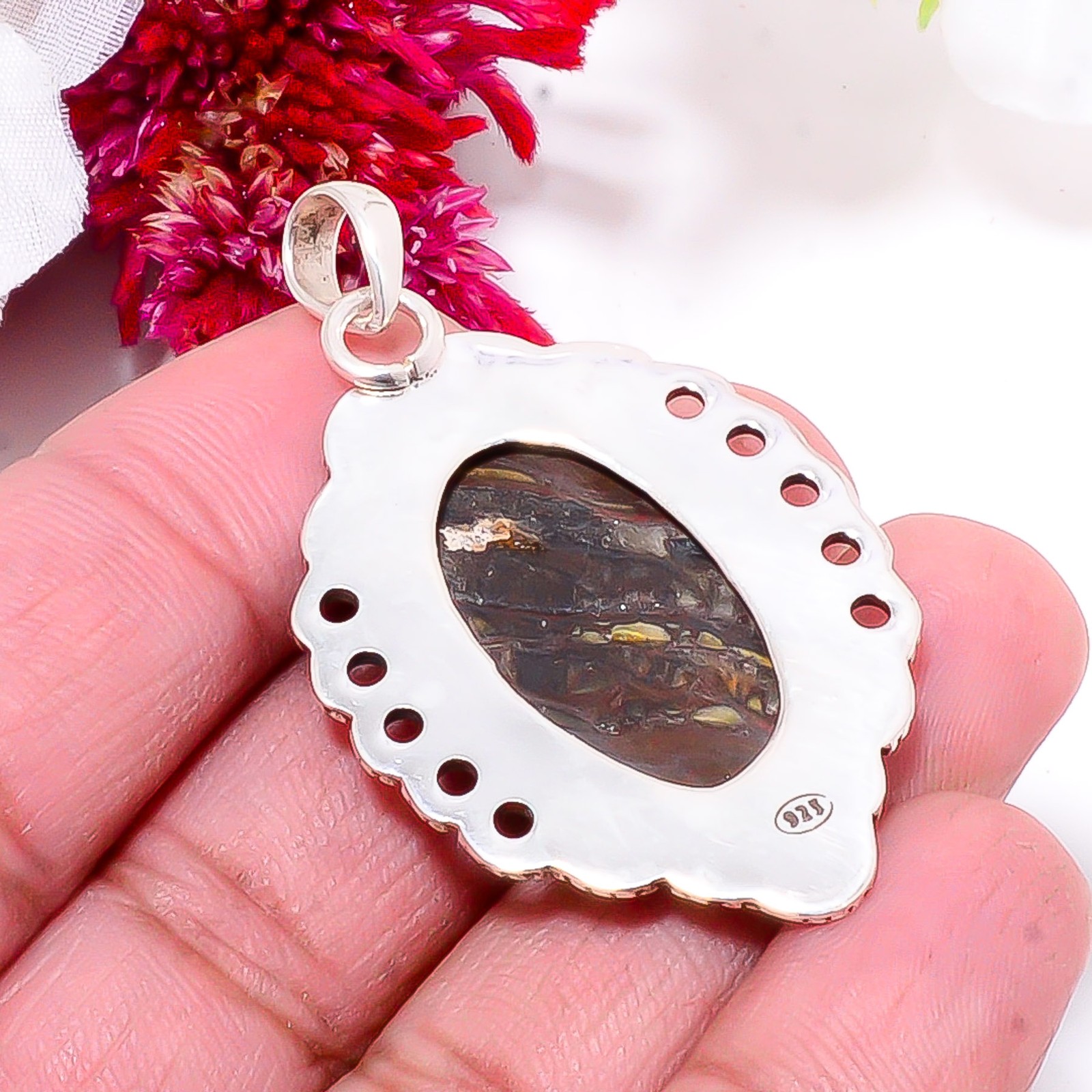 Iron Tiger Eye – South Africa 925 Sterling Silver Bali Pendant 1.95″ Sku36