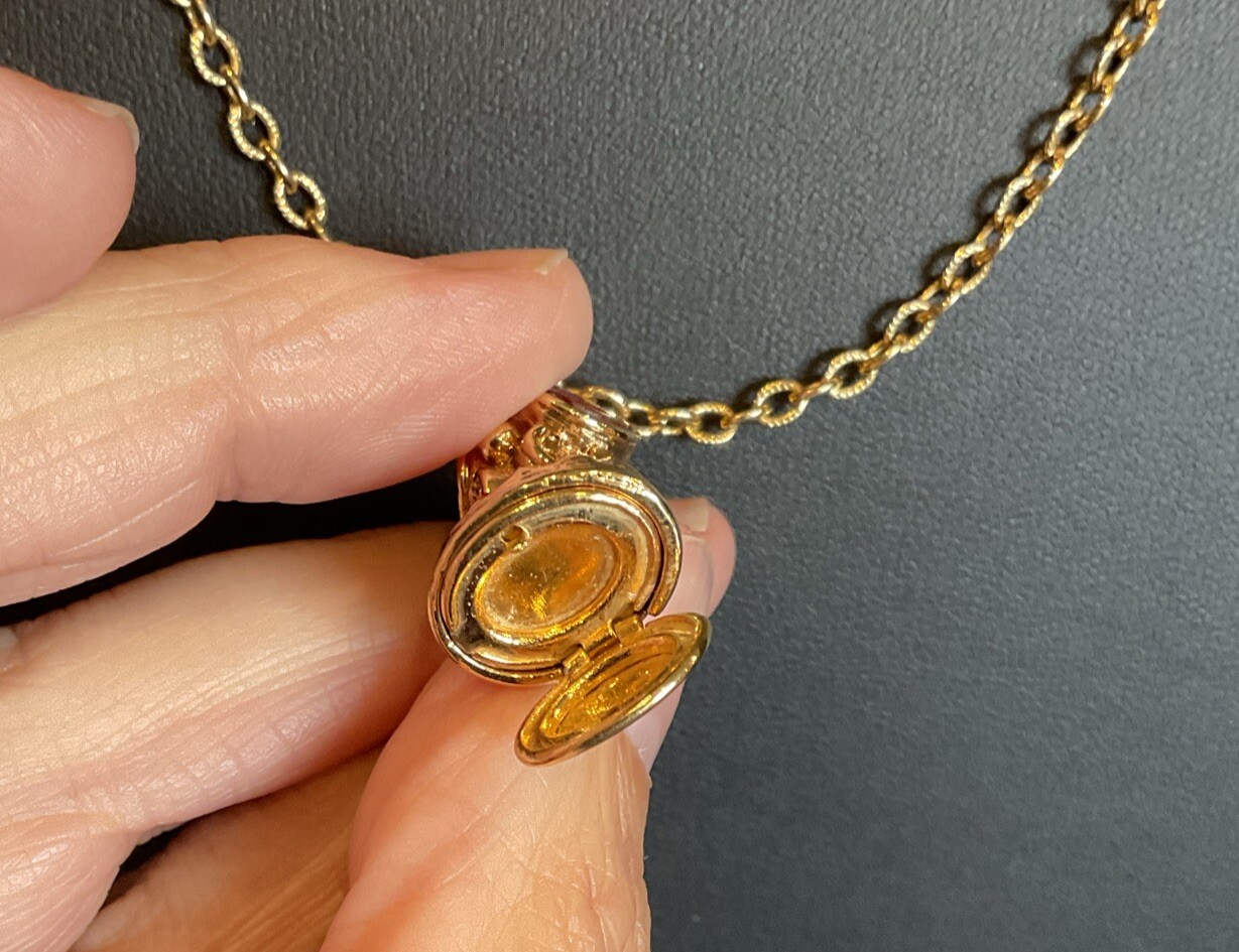 1928 Vintage Pendant Locket Poison Seal Unique With 30” Chain Gold Tone