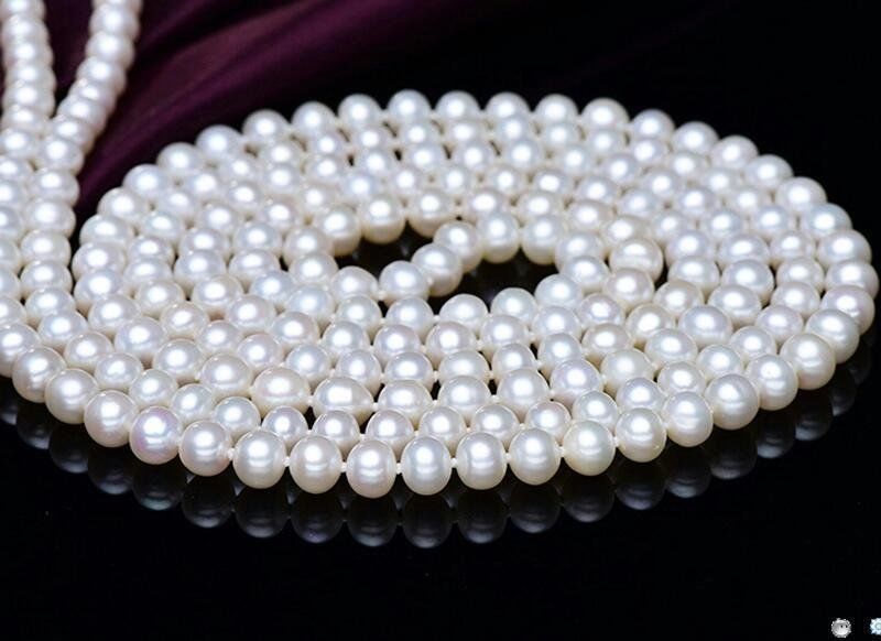 Super Long 100 Inch AAA+ 7-8mm White Natural Pearl Necklace