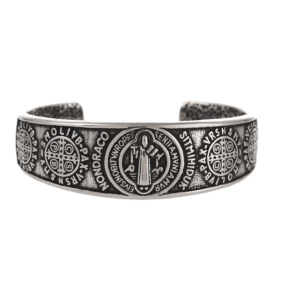 St Benedict Exorcism Medal Cuff Bracelet, Stainless Steel Christian Catholic …