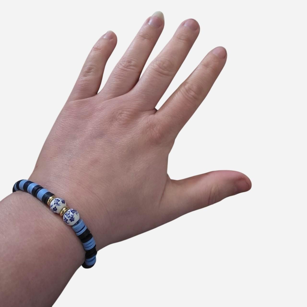 Blue Black & White Round Beads Stretch Bracelet, Stackable Beaded Style Homemade
