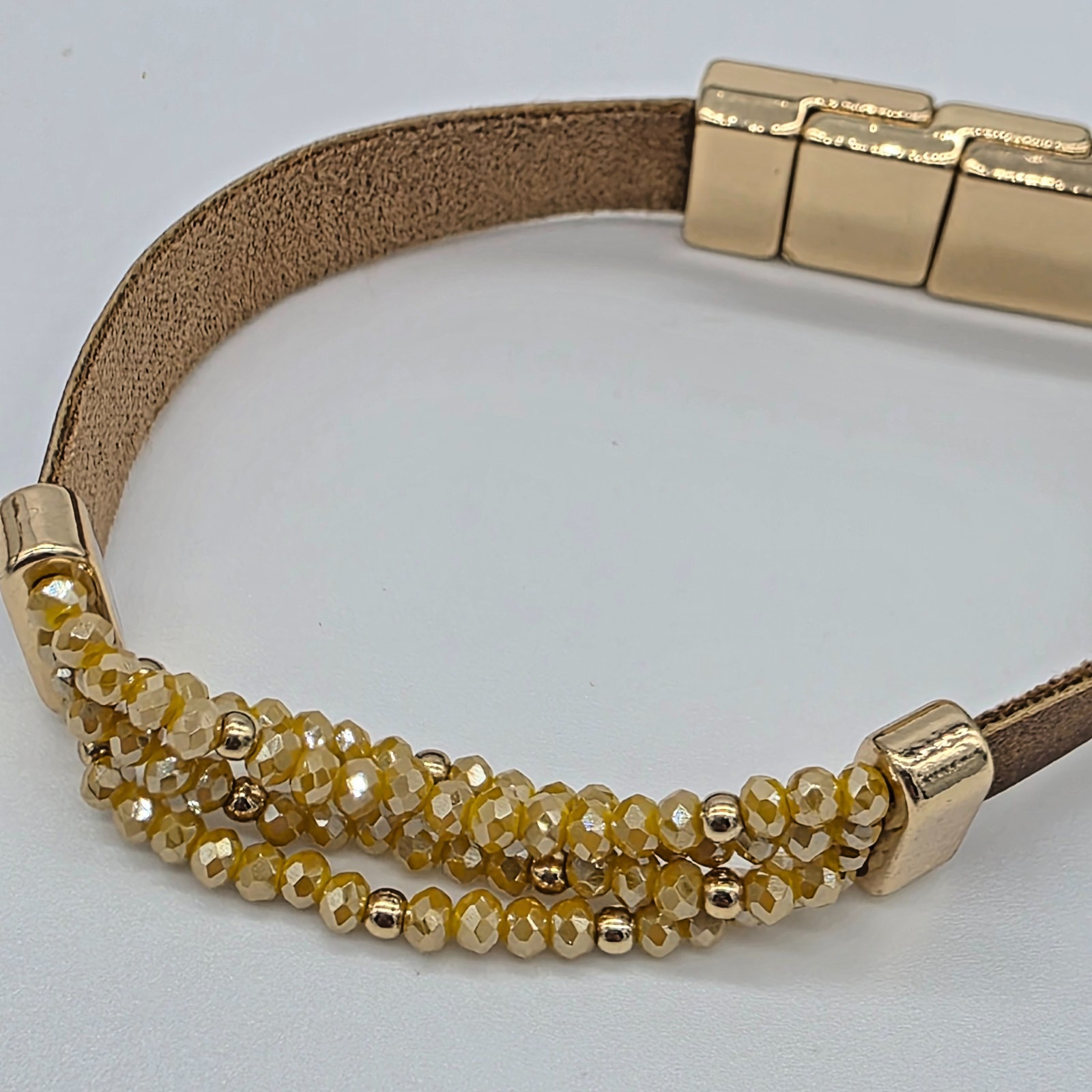 Plunder CAMERON Brown Suede Ochre Crystal Gold Bar Magnetic Strap Bracelet