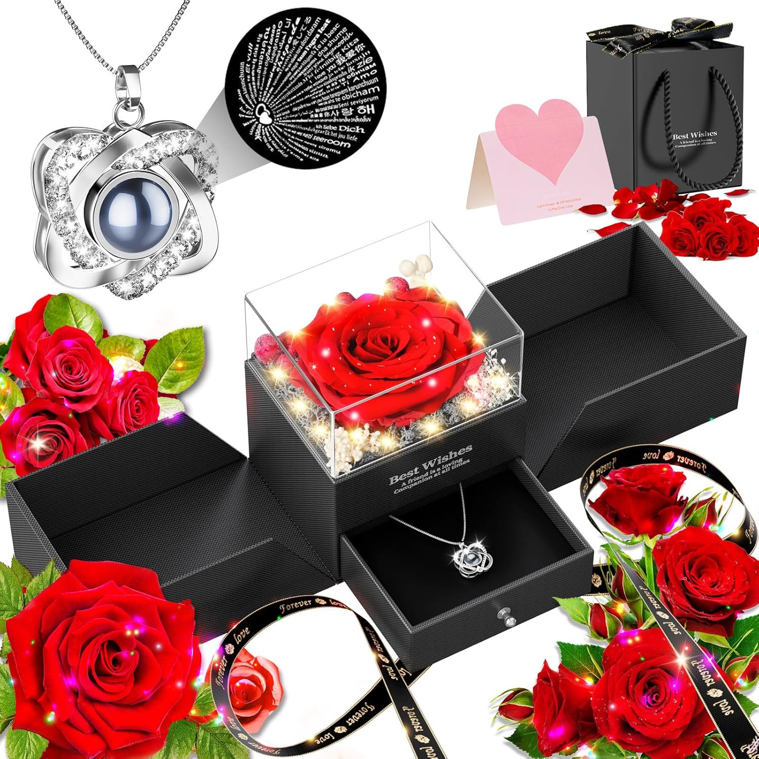 Preserved Red Rose Necklace with I Love You Heart – Forever Flowers Romantic Gif
