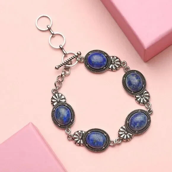 Lapis Lazuli Toggle Clasp Bracelet in Black Oxidized Silvertone (8.00 In) 45.00
