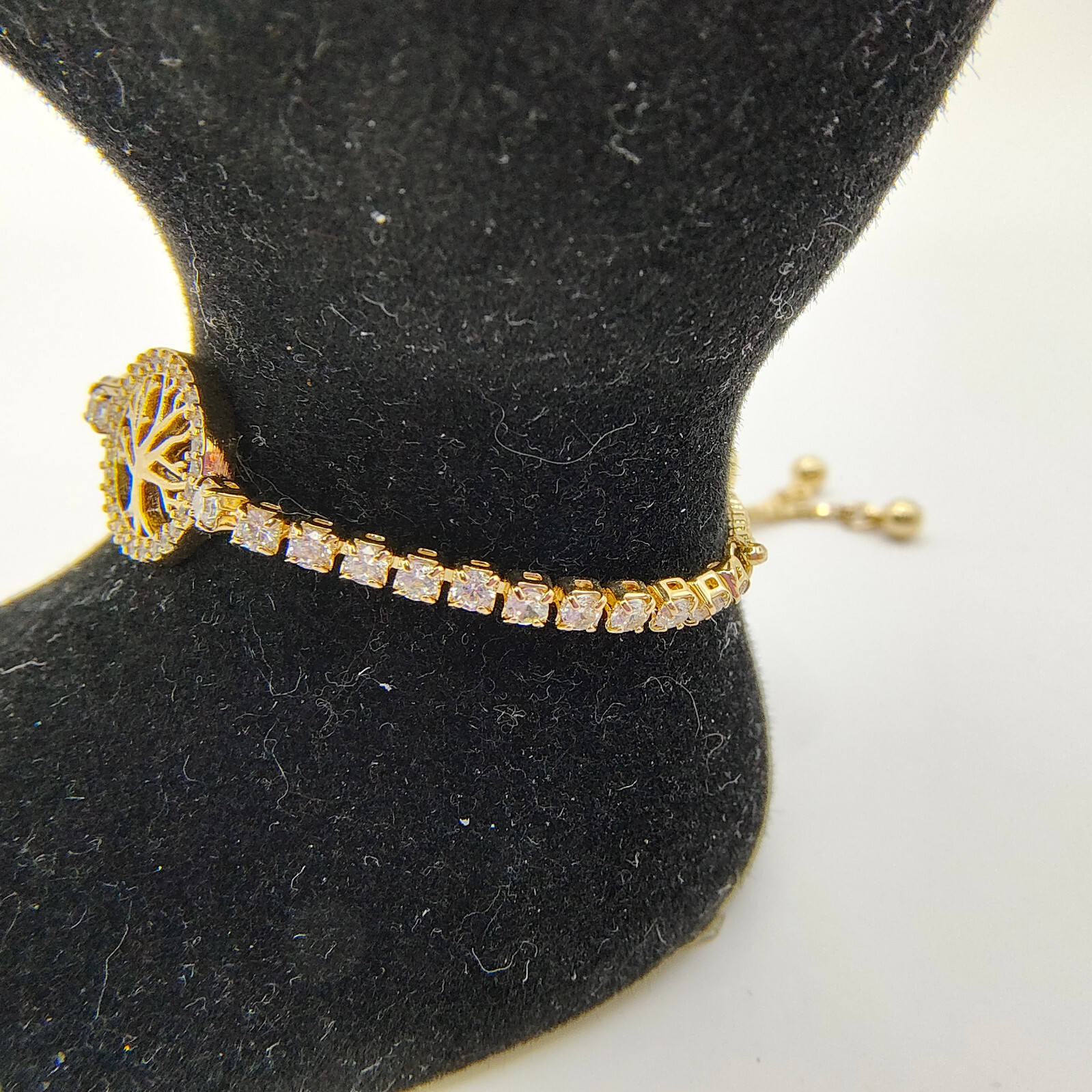 Tree of Life Adjustable Bolo Bracelet White Rhinestone Gold Tone Slider Chain