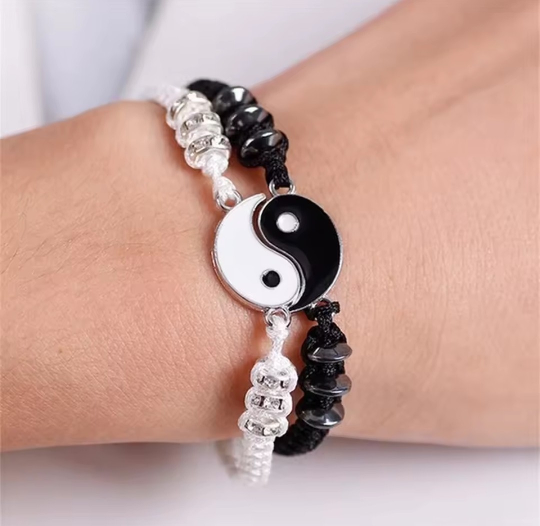 2 Pcs Jewelry Set Couple Black White Tai Chi Bracelet Rope Adjustable Chain