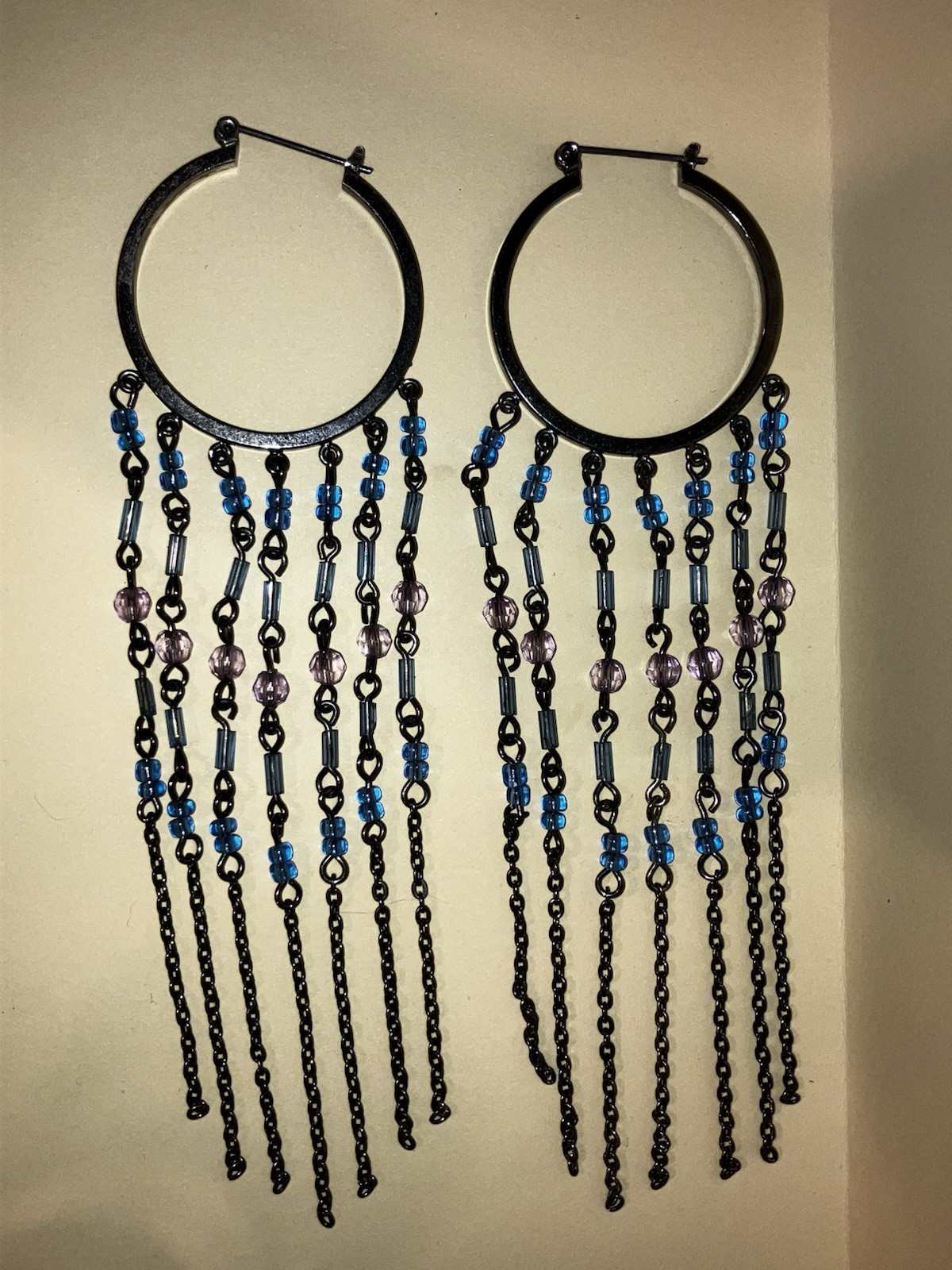 Black Hoop Chandelier Dangle/Drop Earrings Blue Purple Beads Chain Fringe