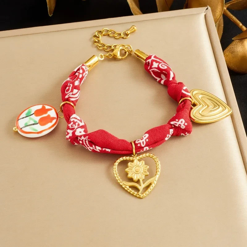 Charm Anklet Bracelet Twisted Braided Red Scarf Bandana Gold Plated Charms