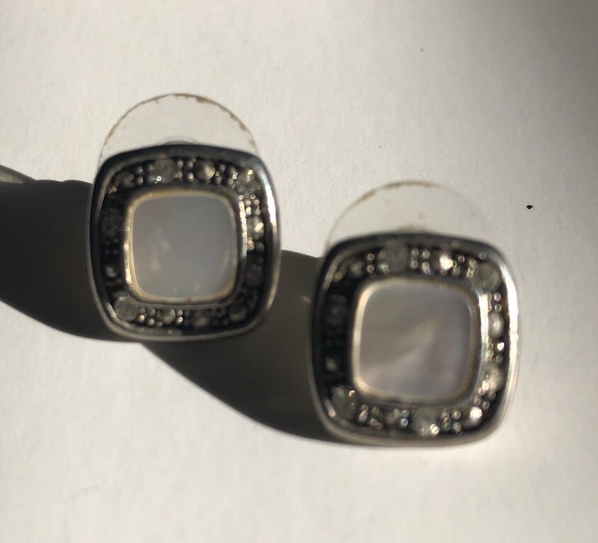 Square Stud Earrings Abalone Metal & Crystal Post Backings for Pierced Ears