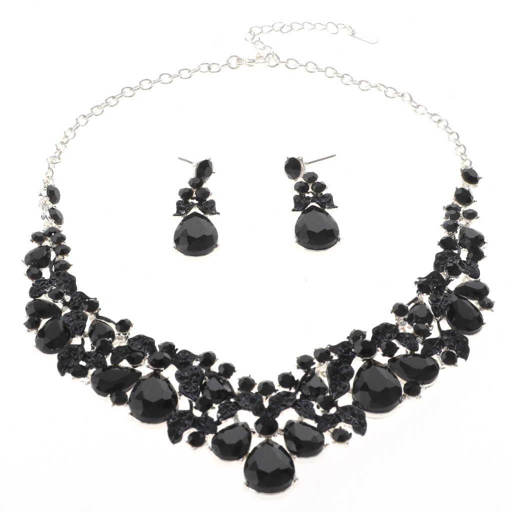 Silver Tone Alloy Metal Rhinestone Necklace Earring Set S20709-SBK