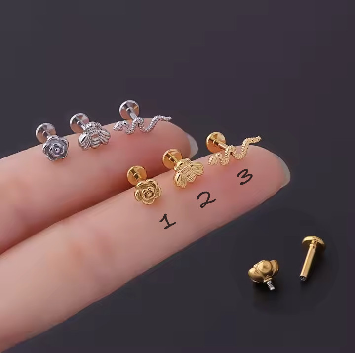 Internal Threaded Flat Gold Silver Cartilage Helix Lobe Tragus Conch 16G Earring