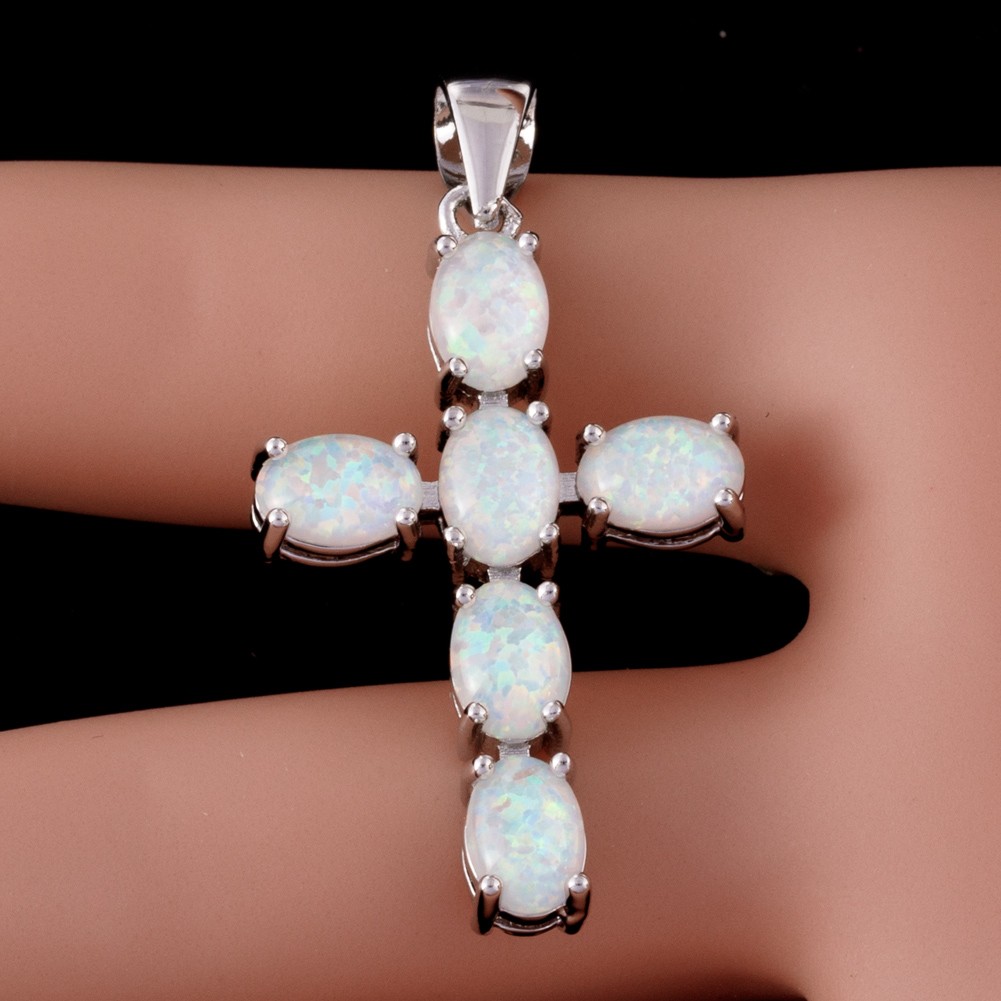 Latin Cross Oval White Fire Opal Cabochon Silver Jewelry Necklace Pendant