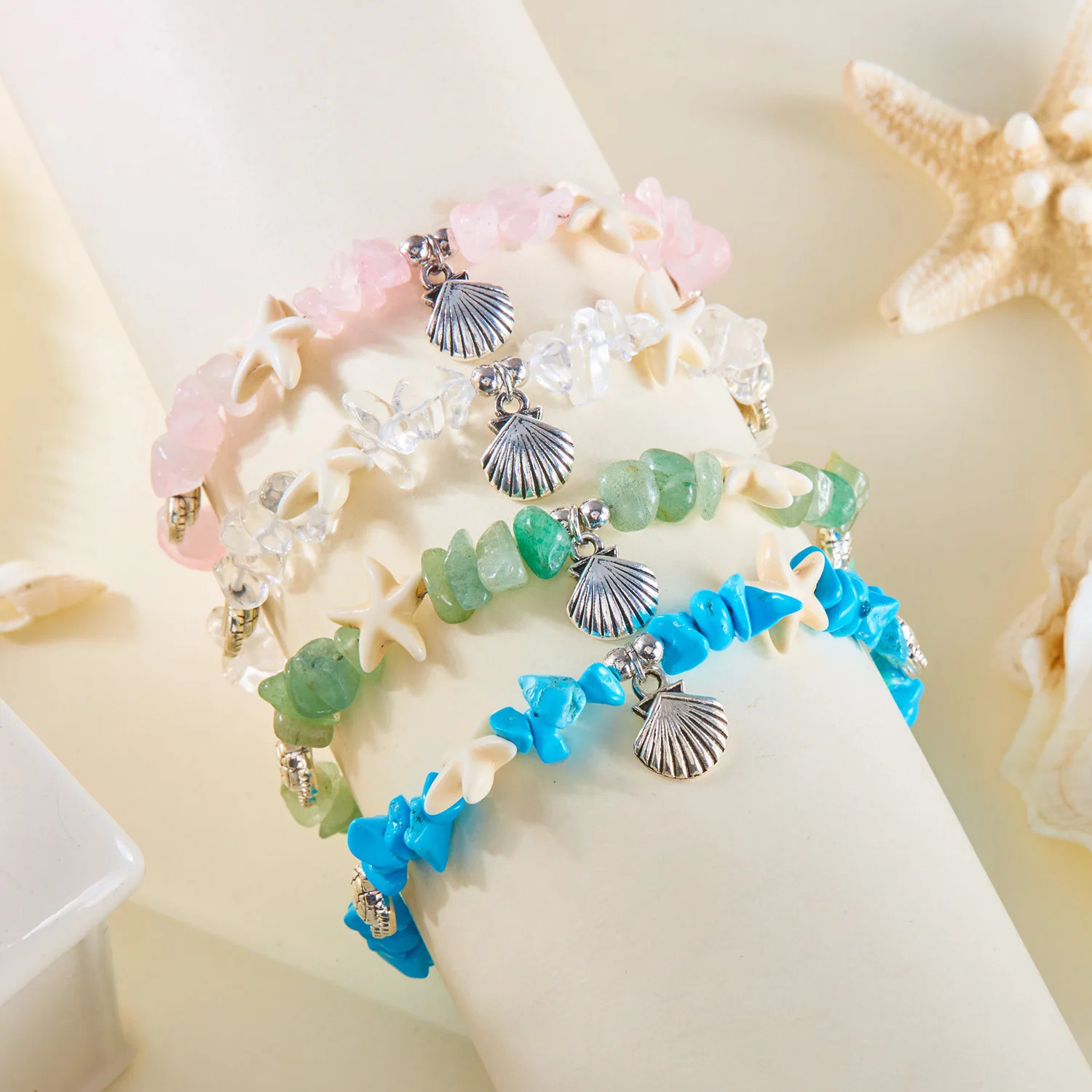 Summer Beach Stone Chain Anklets for Women Boho Turtle Starfish Shell Charm Ankl