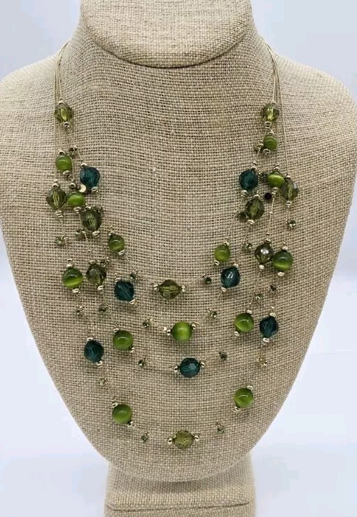Green & Gold Beaded Layered Necklace Gold Tone 4 Row Faux Cat Eye 18 in