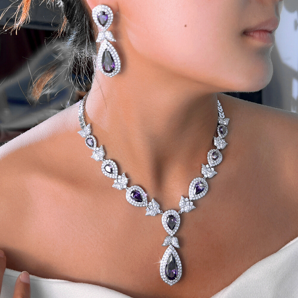 Silver Plated CZ Purple Dangling Drop Leaf Necklace Earrings Pageant Jewelry Set
