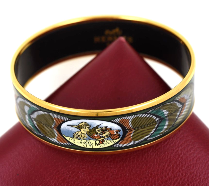 Hermes Enamel Bangle Bracelet EXCELLENT Bird Motif Paris