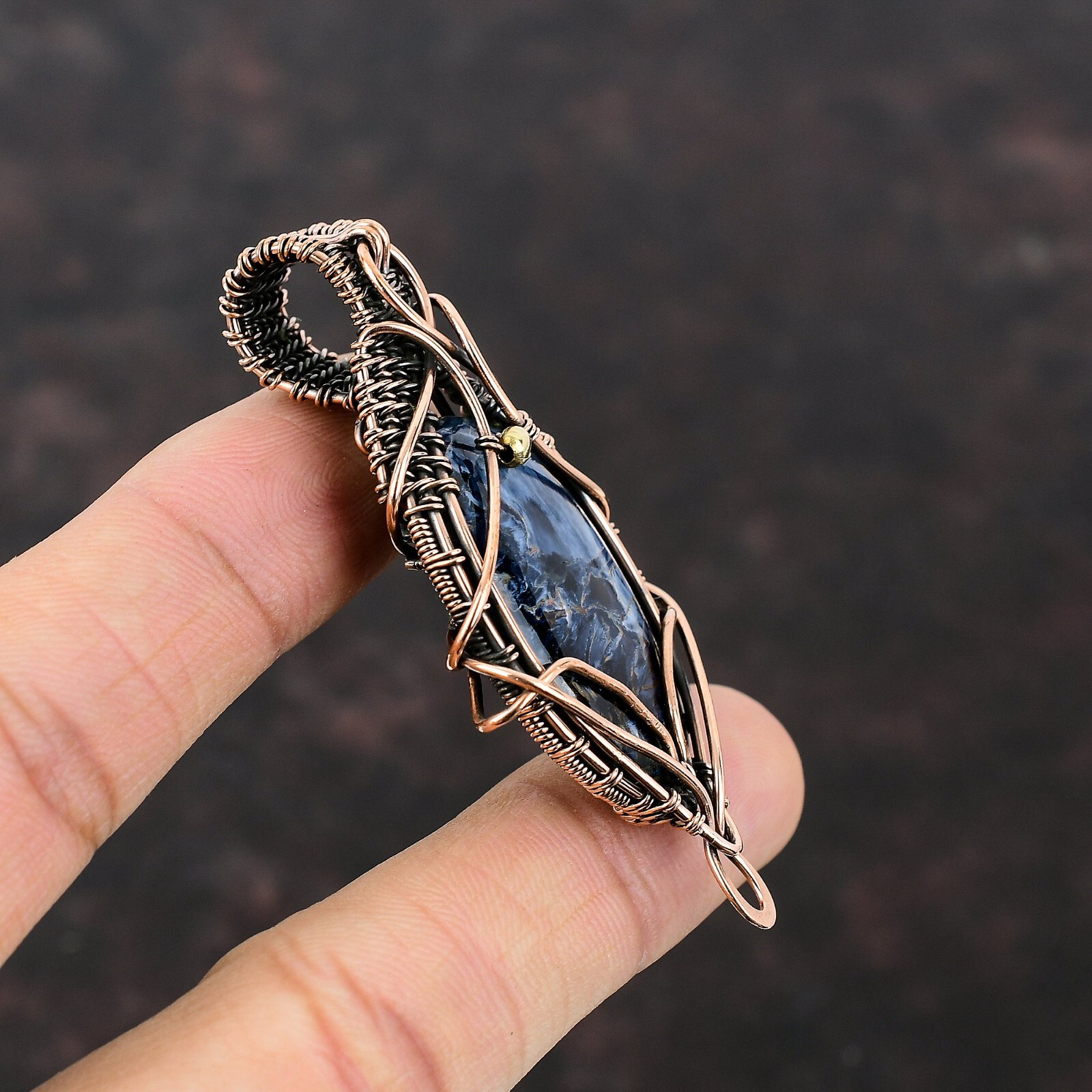 Pietersite Gemstone Wire Wrapped Pendant Handcrafted Copper Ethnic Jewelry 2.64″