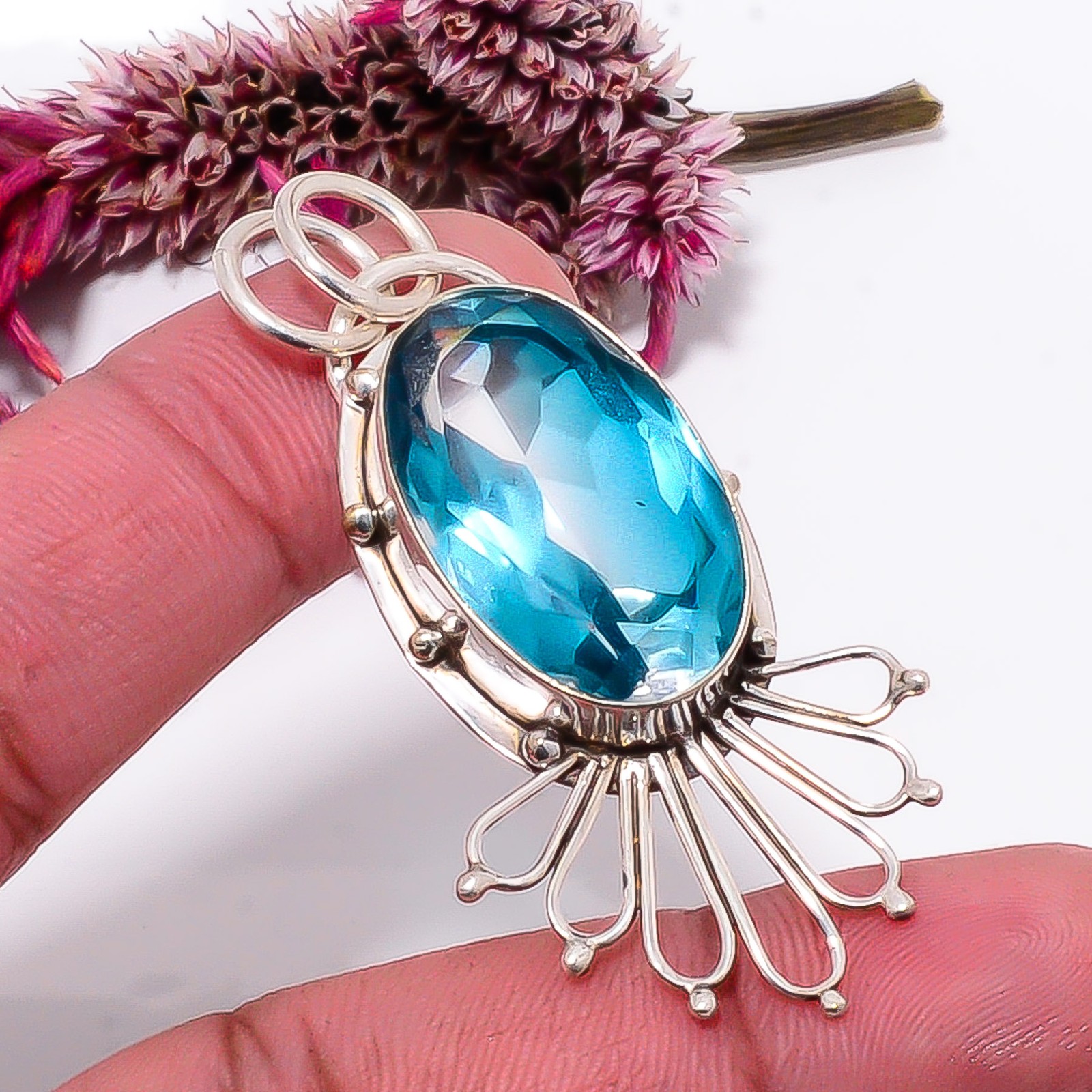 Bi-Colour Blue Topaz Designer Handmade 925 Sterling Silver Pendant 2.34″ Sku1