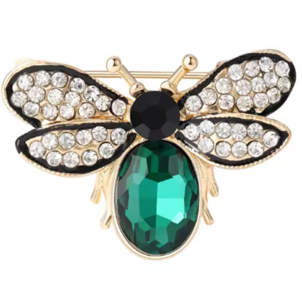 Cute Green Crystal Bee Gold Brooch Pin – Rhinestone Insect Jewelry Summer Gift