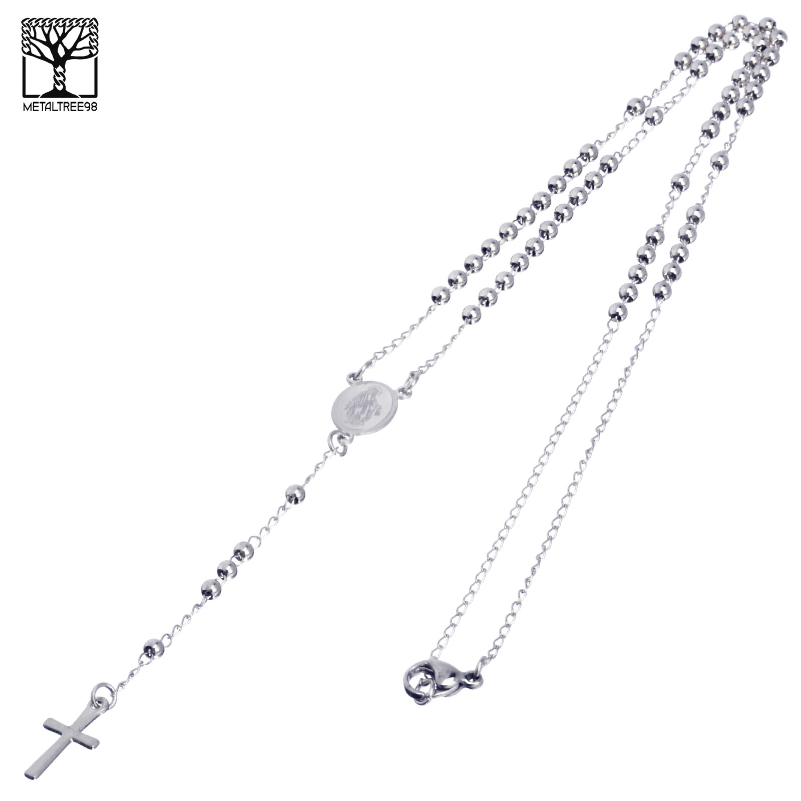 3 mm Rosary Stainless Steel in Silver Guadalupe & Cross 20″ Necklace SPY 501 S