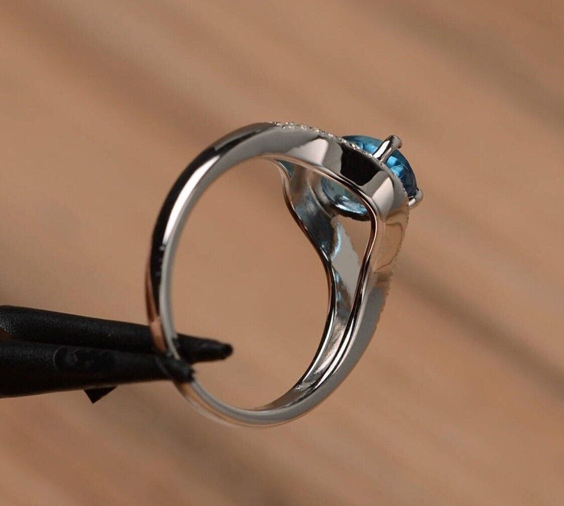 Oval Cut Simulated Blue Topaz Women’s Stunning Band Ring 14K White Gold Plated