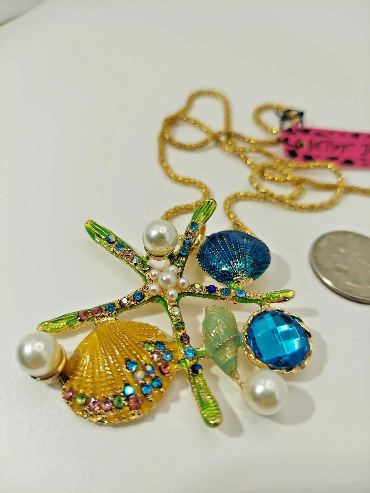 Betsey Johnson Pearl Starfish Seashell Necklace Gold Teal Green Rhinestone-Gift