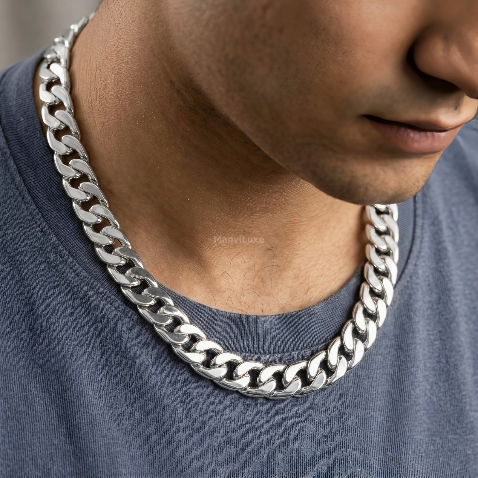 20″Premium Silver Bonded Chunky Curb Chain | High Glossy Curb Chain Necklace