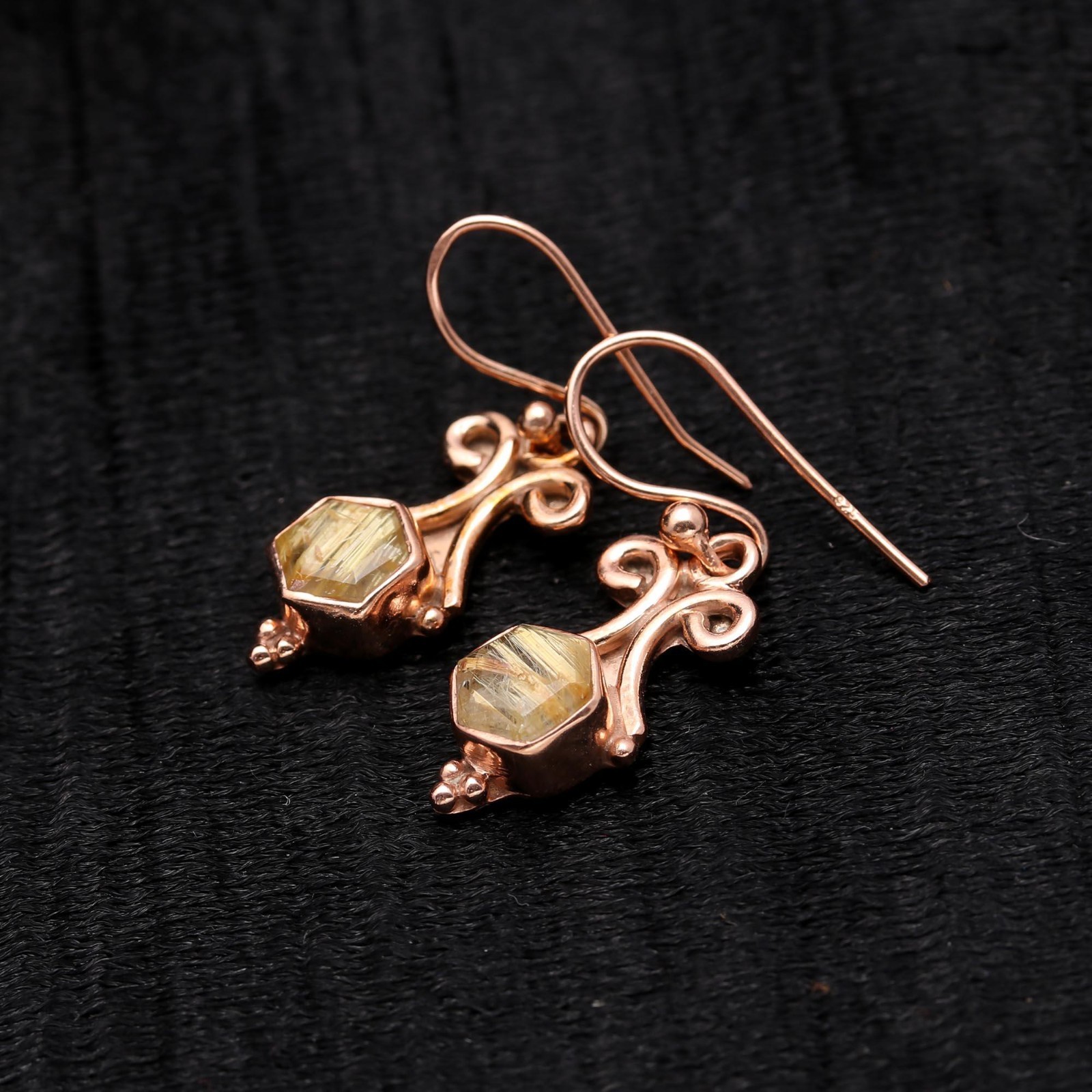 Natural Golden Rutile Hexagon Dangle Earring Rose Gold Fill Solid Silver Jewelry