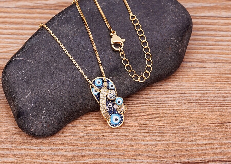 Fashion Jewelry Gold Cubic Zircon Slipper Sandal Evil Eye Pendant Necklace 1-216