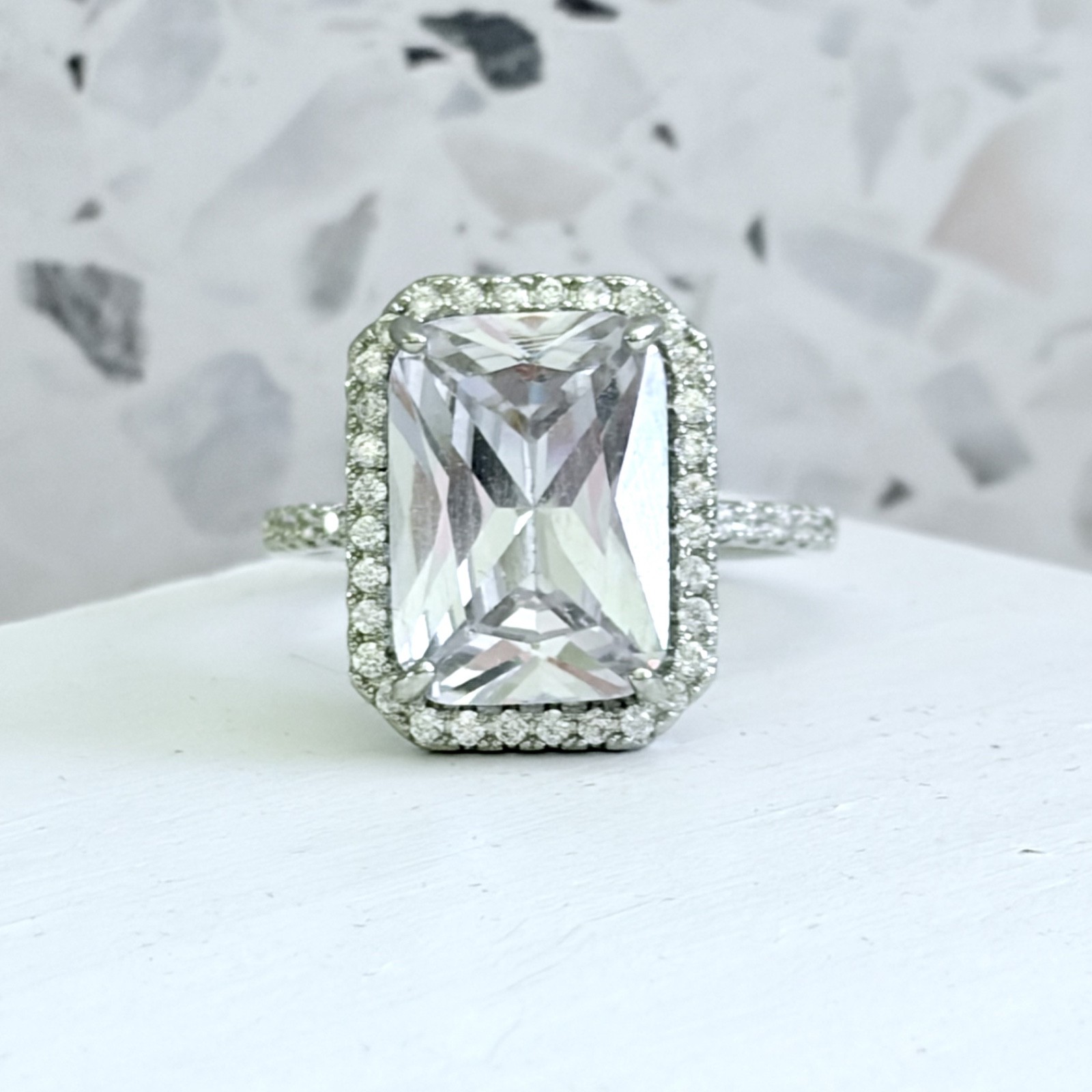 9.6 CT Emerald Cut Simulated Sapphire 14k White Gold & 925 SS Pave Women Ring