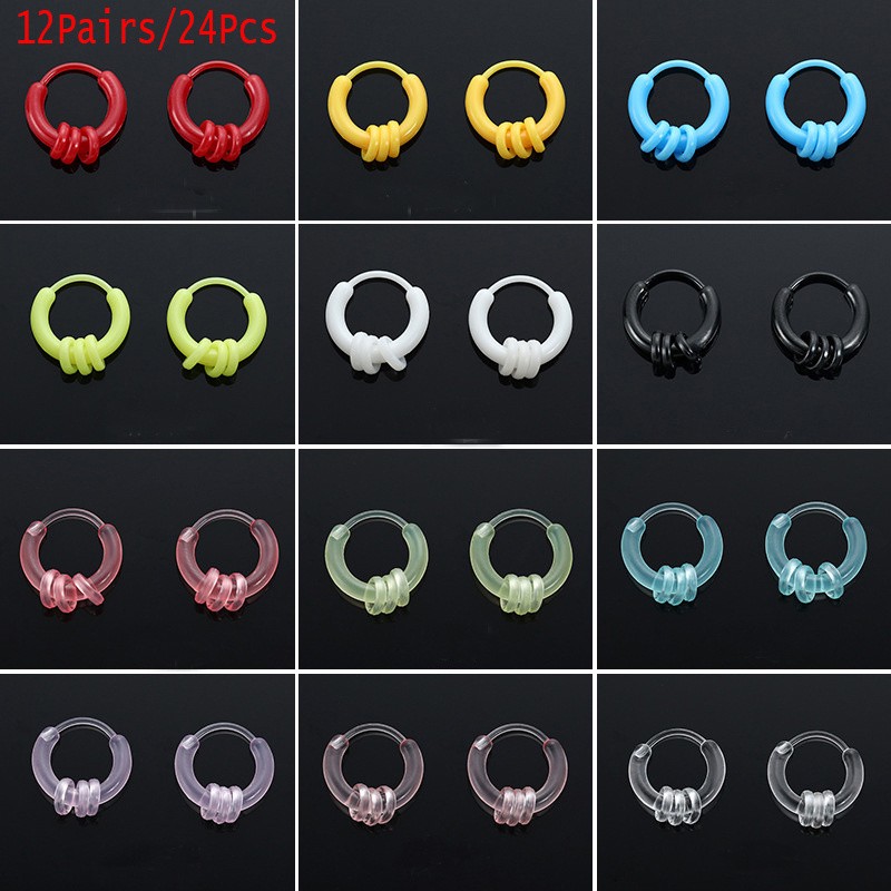 12/24Pairs Resin Hoop Earrings Clear Nose Rings for Sensitive Skin 12 Colors
