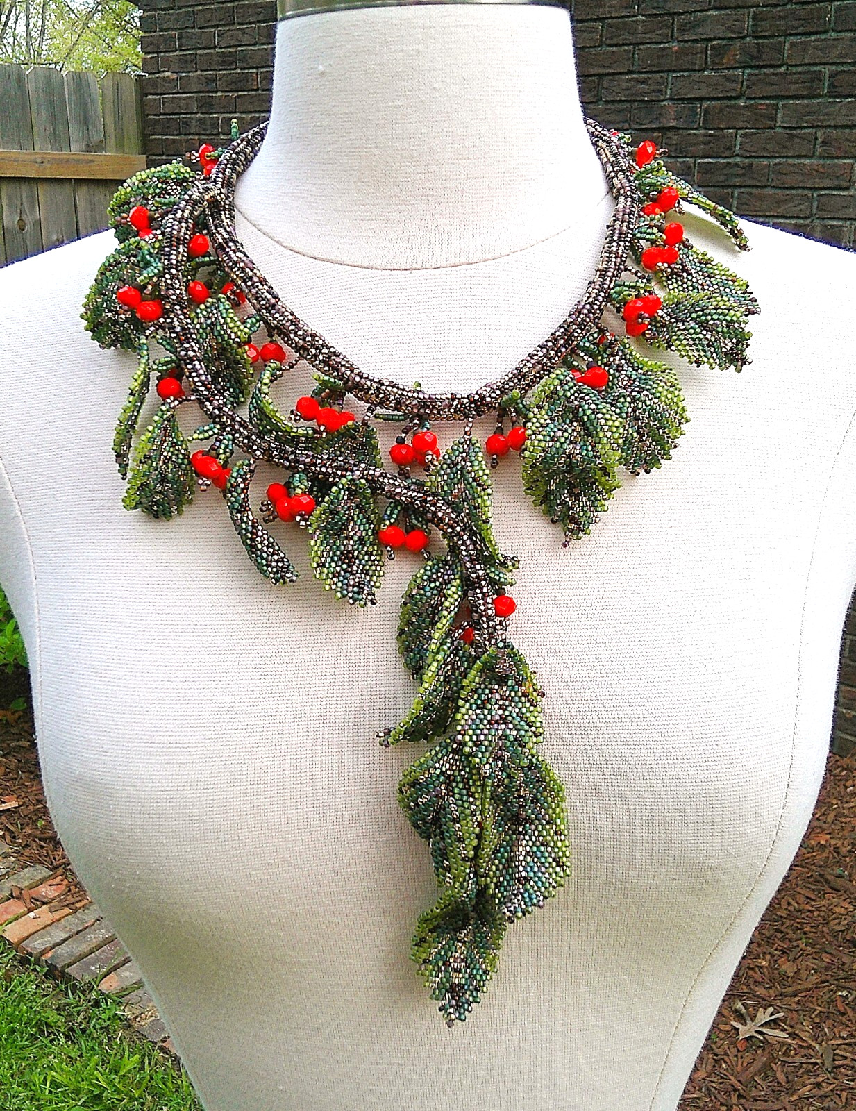 Gay Huntley Rowan Bough Beadwoven Double Branch OOAK Necklace & Earrings