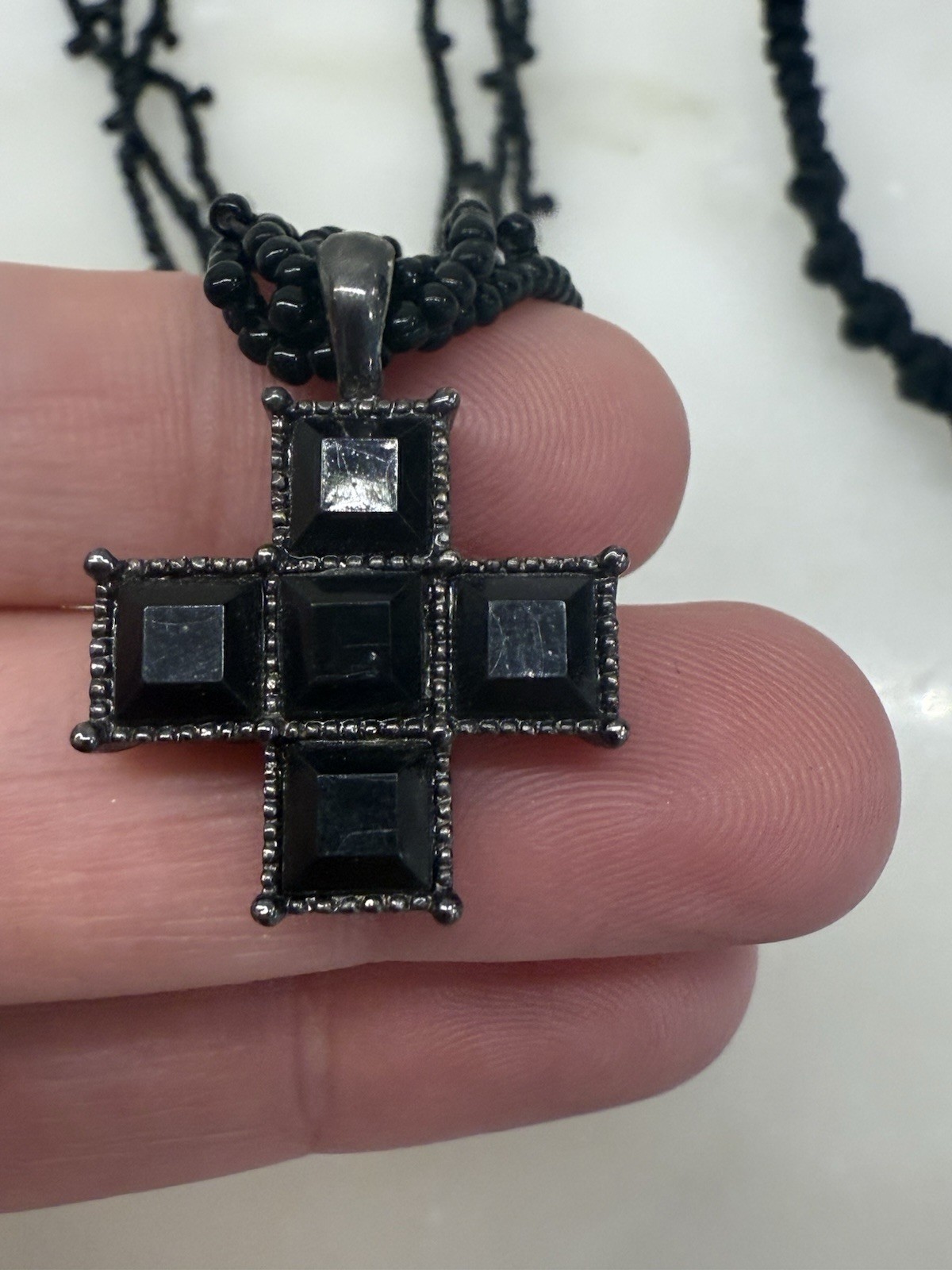 Black Stone Cross & Triple Beaded Necklace With Black Beaded Bracelet