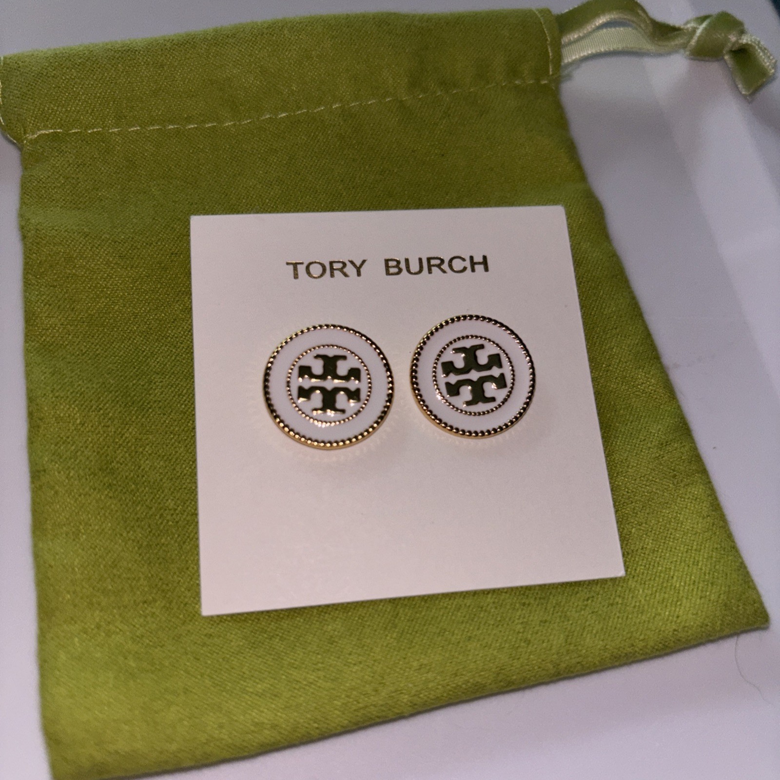 Tory Burch Round Logo Stud Earrings Gold Tone Metal