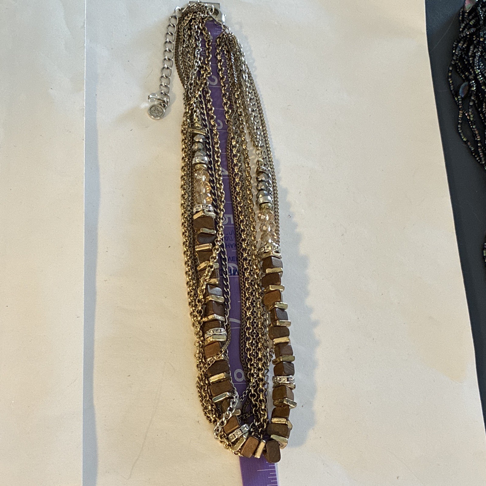Lucky Brand Multi Strand Bib Necklace Boho Mixed Metal Chain Wood Crystal Bead