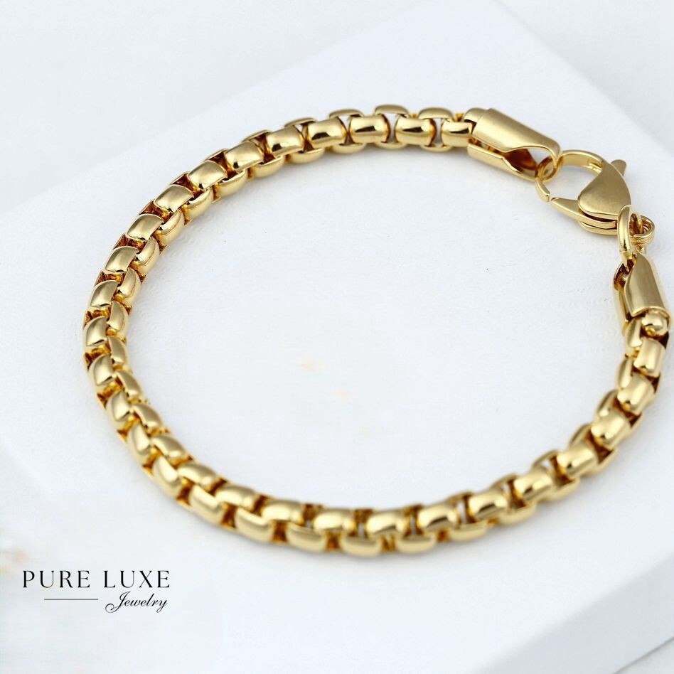 Men’s 8.5″ Stainless Steel 5.5mm Round Box Chain Solid Bracelet Gold plated-BOX