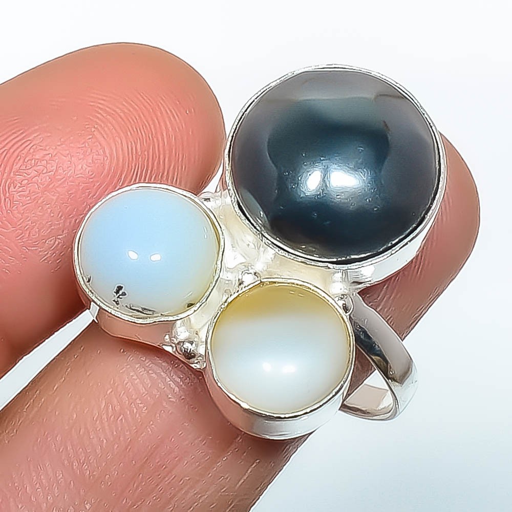 Natural Black Onyx & Moonstone – Shri Lanka 925 Silver Plated Ring s.11 TR197