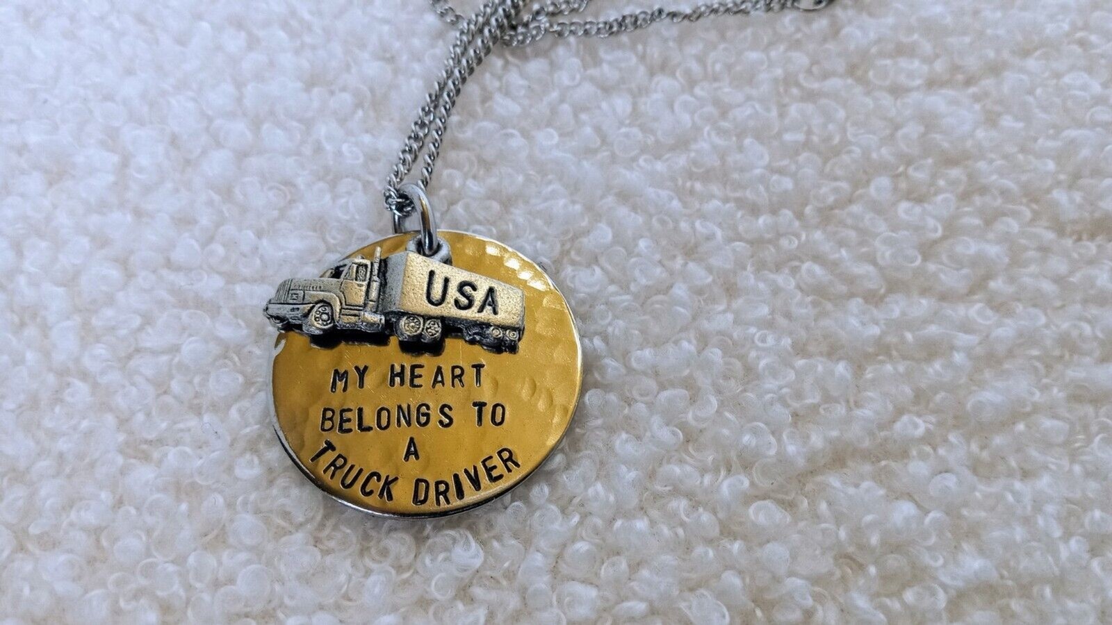 Silvertone Hand Stamped “My Heart Belongs To A Truck Driver” Necklace 18 in